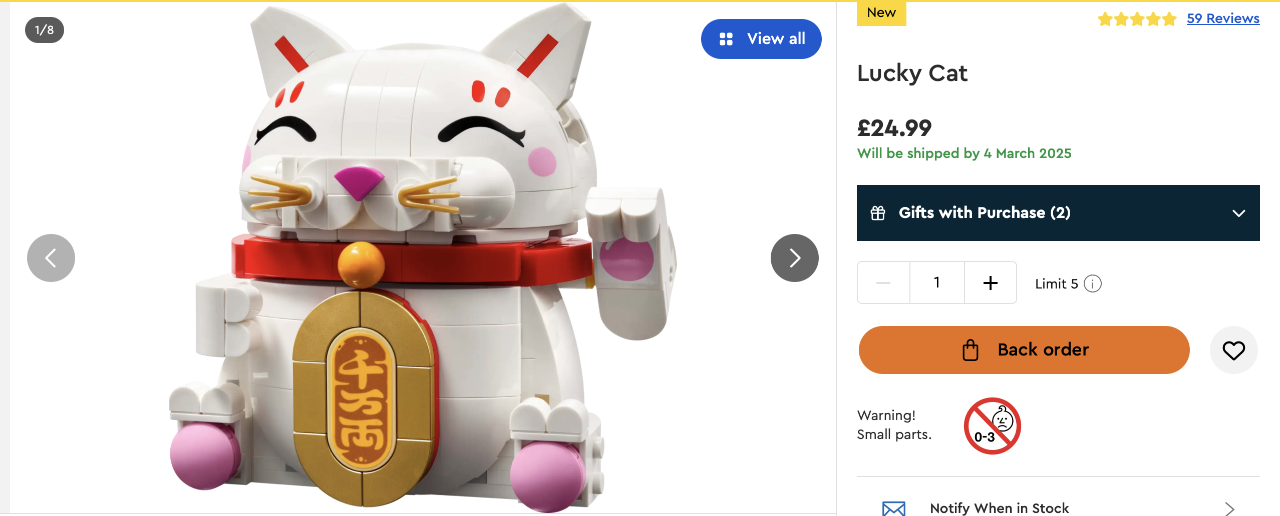 A LEGO Lucky Cat figure is displayed for sale at a price of £24.99, with a shipping date of 6 March 2025, alongside product details and a warning about small parts.