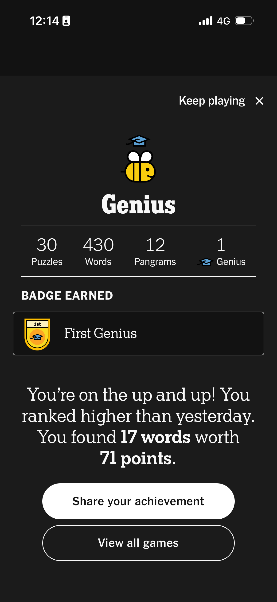 A mobile game screen displays a Genius badge, with stats showing 30 puzzles, 430 words, 12 pangrams, and 17 words found today worth 71 points.