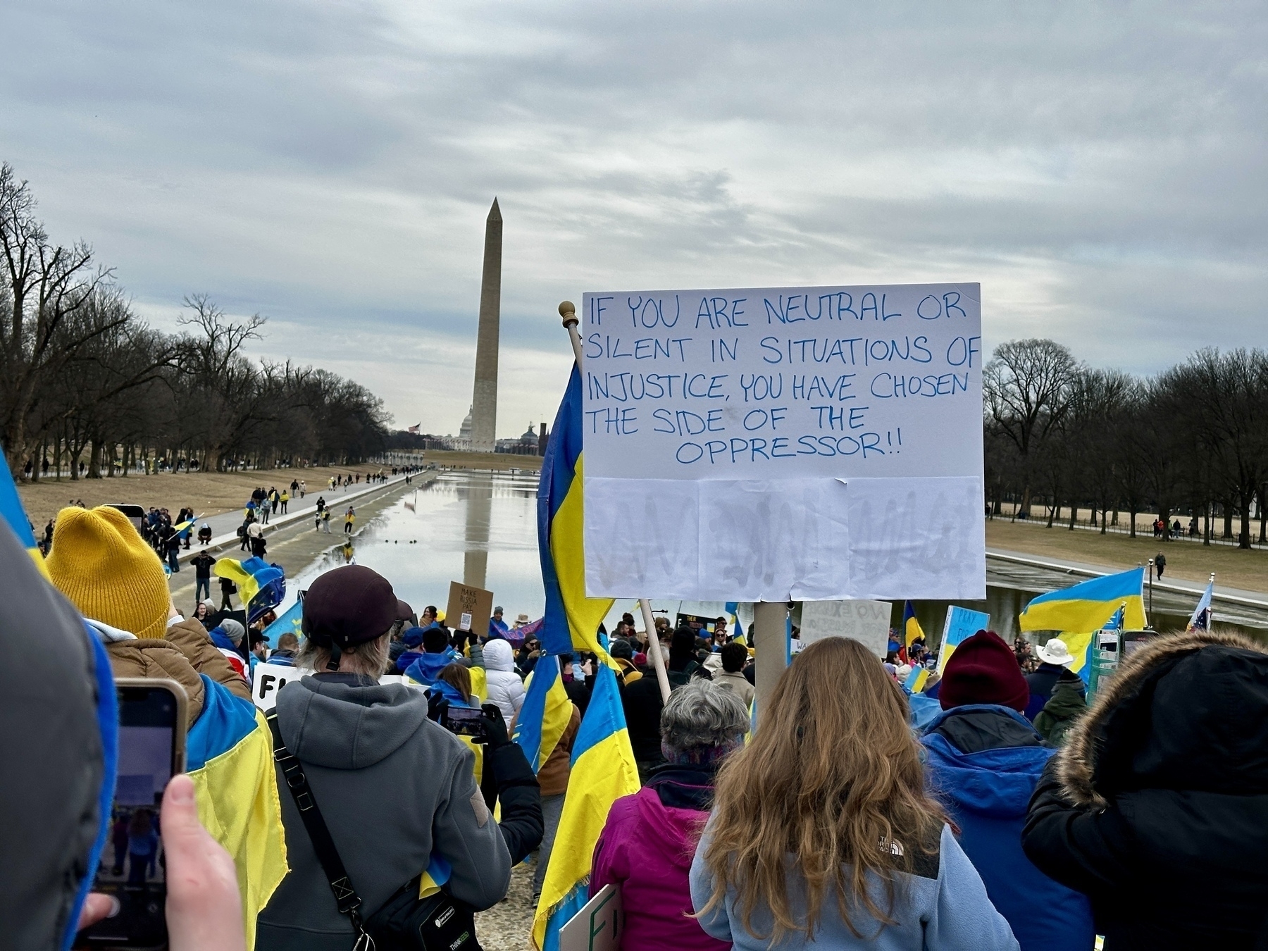 People are gathered in a peaceful protest at the National Mall, holding flags and a sign that reads, "IF YOU ARE NEUTRAL OR SILENT IN SITUATIONS OF INJUSTICE, YOU HAVE CHOSEN THE SIDE OF THE OPPRESSOR!!"