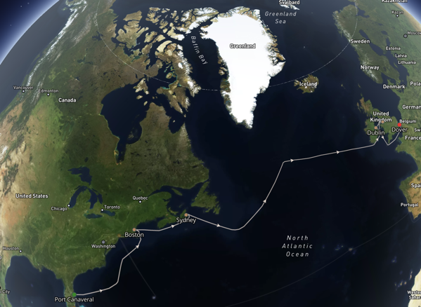 Route of the Disney Magic Transatlantic cruise in 2016