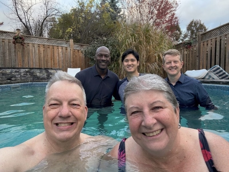 Me and Cathy in the pool, with Michael Jordan, Shohei Ohtani and Ken Jennings