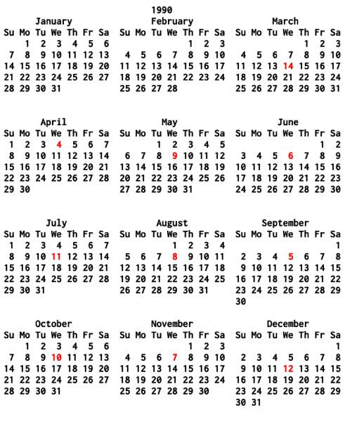 1990 Calendar