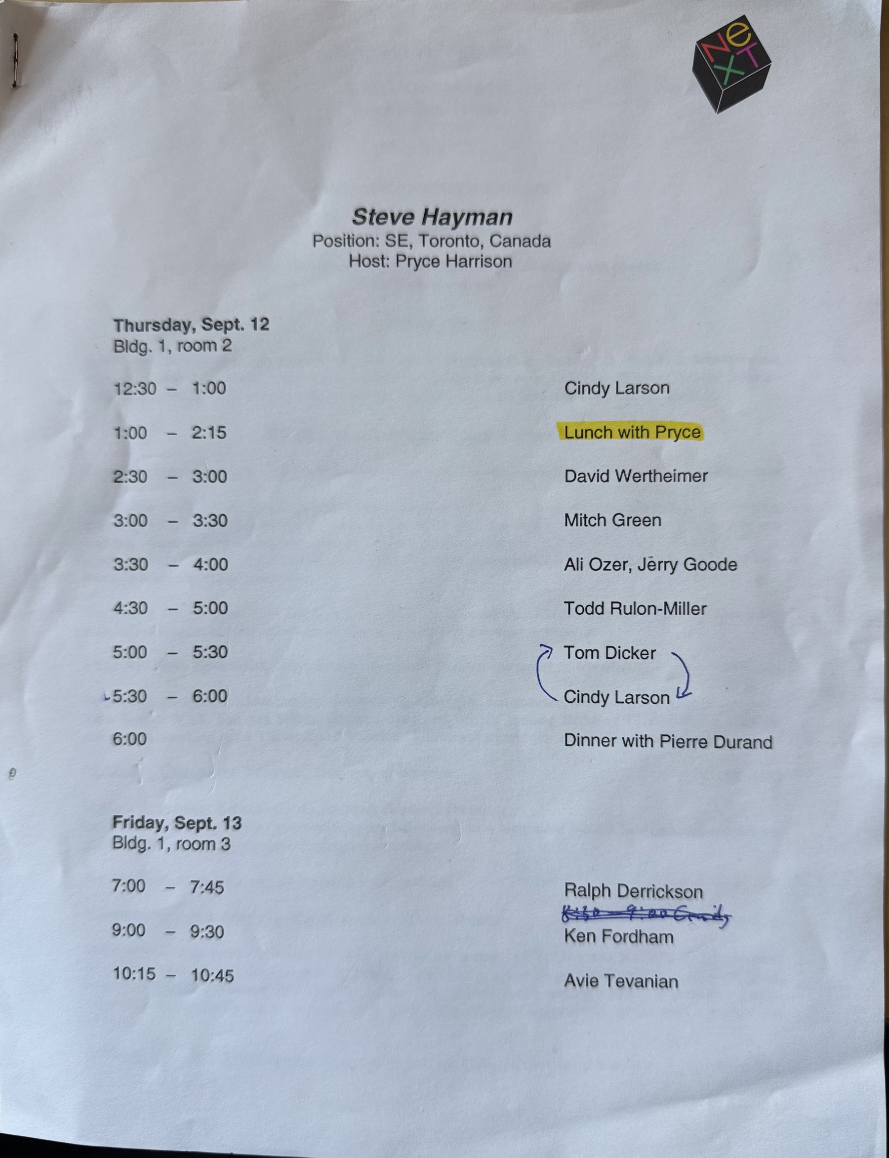 A sheet showing an interview schedule at NeXT 