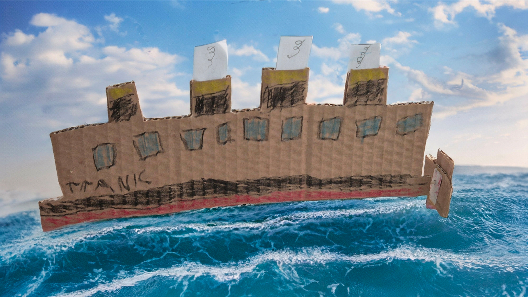 The Titanic as a cardboard arts-and-crafts project by my 5-year-old, with the seascape added using a bit of AI magic. 