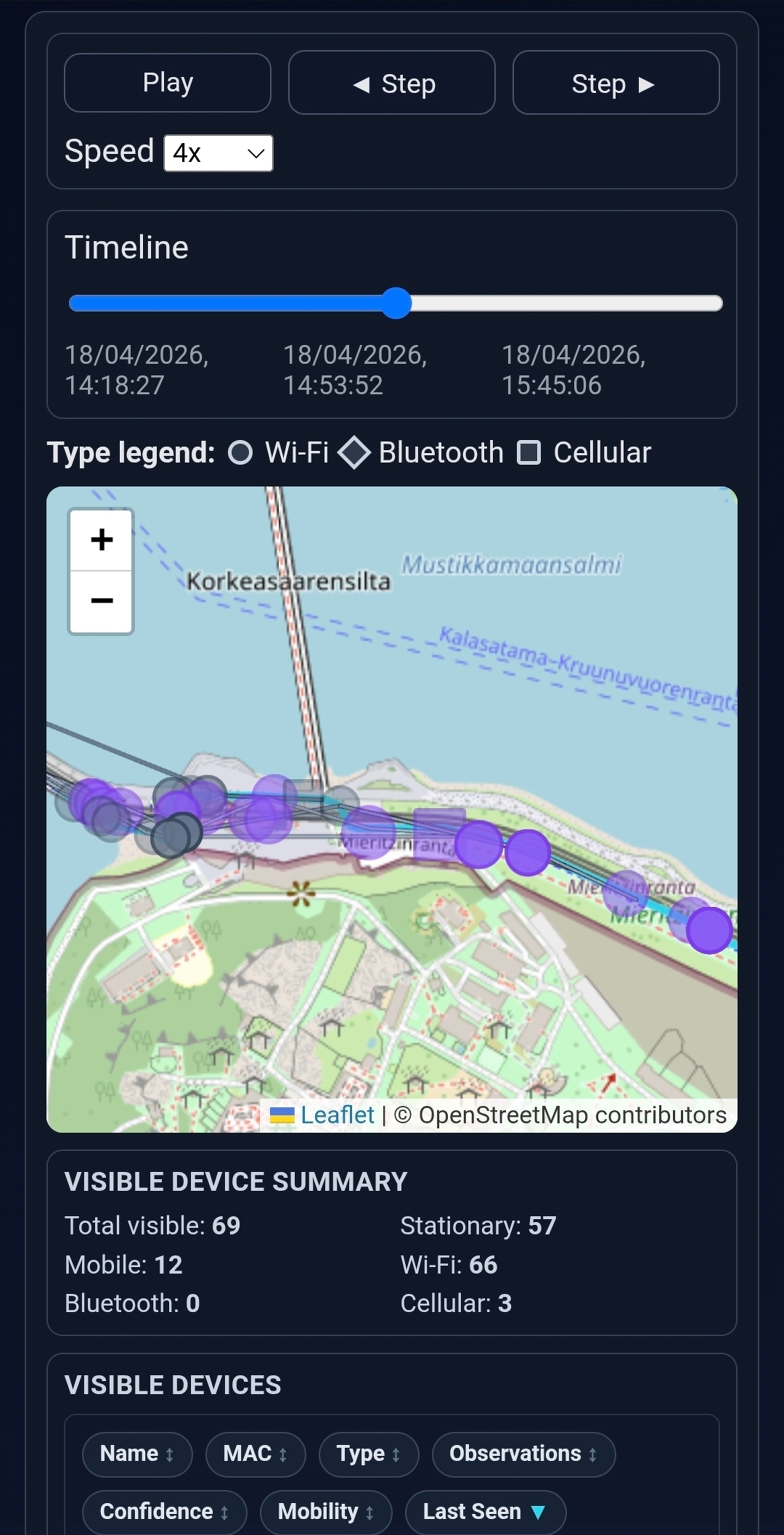 Screenshot of the WiGLE visualizer