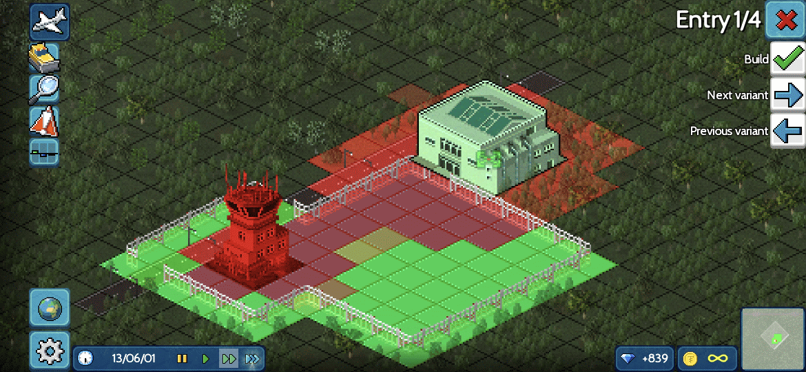Airport Entry being placed in TheoTown. Red squares depict noisy areas.