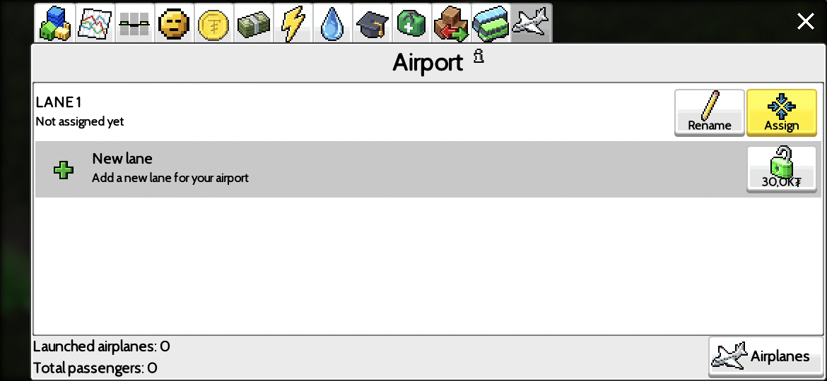 The airport view showing one unassigned lane.