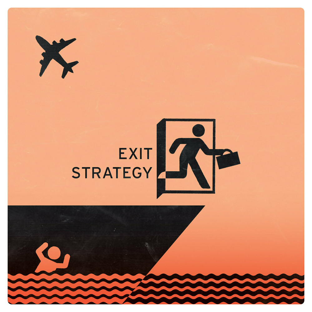 An illustration depicts an airplane, a briefcase-wielding figure exiting a door labeled Exit Strategy, and a person swimming in turbulent waves.
