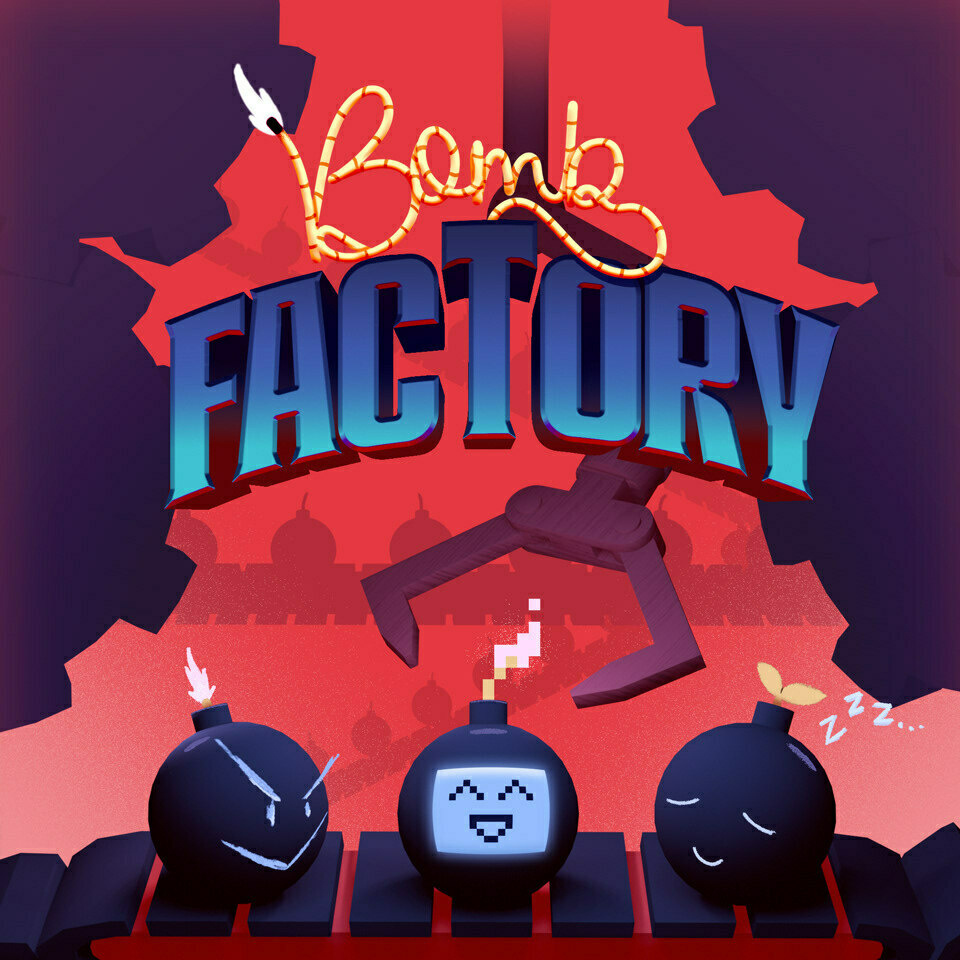 Bomb Factory features animated bombs with faces on a conveyor belt against an industrial backdrop.