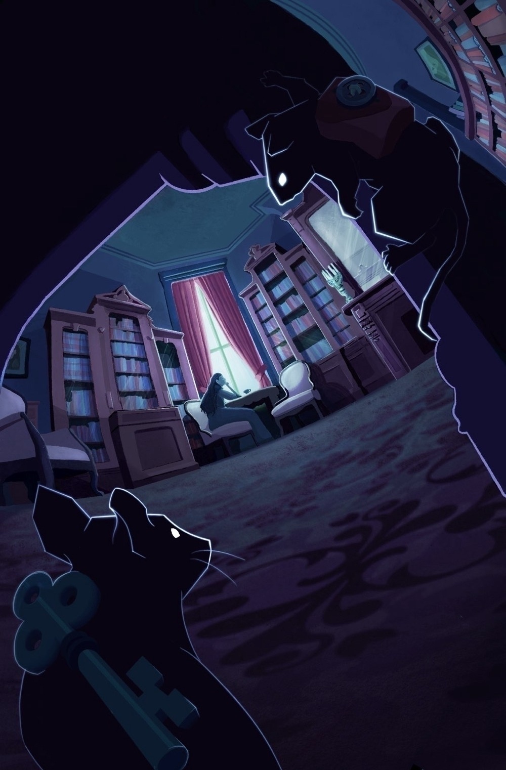 A stylized illustration depicts two shadowy figures with glowing eyes observing a person reading in a dimly lit, ornate library.