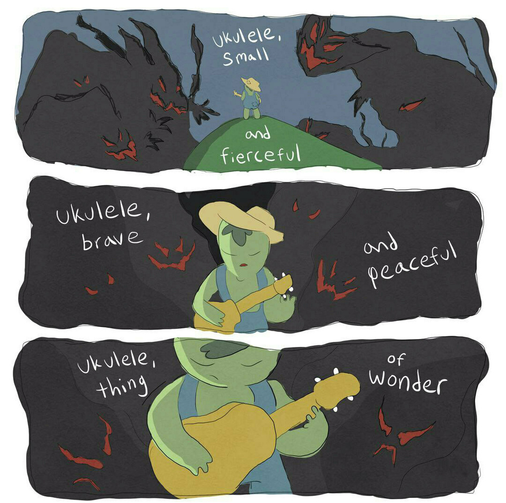 A person is depicted with a ukulele among dark, abstract shapes, accompanied by captions describing the ukulele as small and fierceful, brave and peaceful, and thing of wonder.