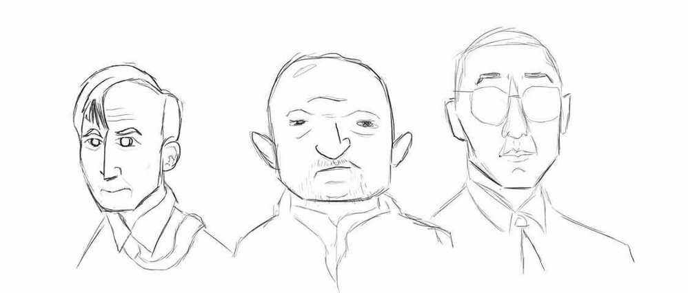 Three sketchy cartoon portraits of men, each with distinct hairstyles and facial features, are depicted side by side.