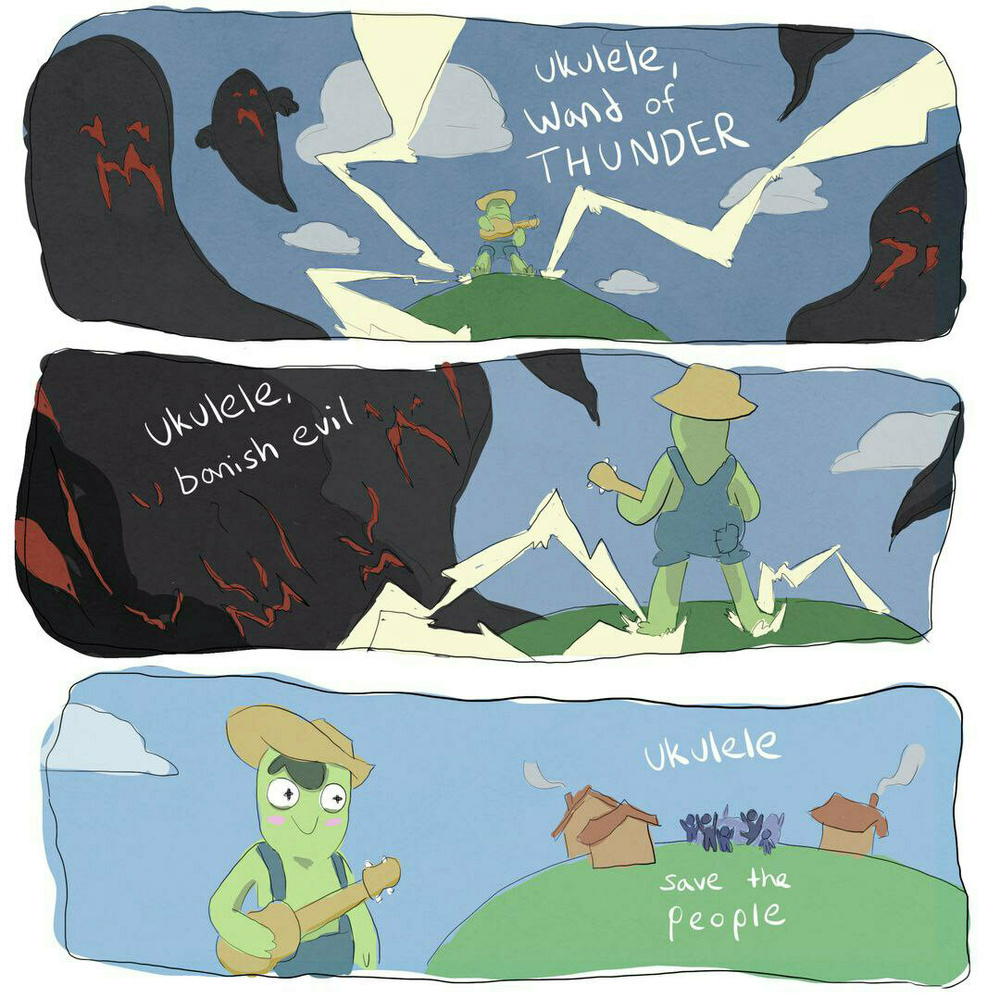 A green character uses a ukulele to banish evil and save the people, accompanied by magical lightning.