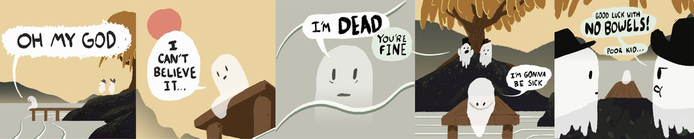 A series of comic panels shows a ghost realizing they're dead, encountering other ghosts discussing how they lost their bones.