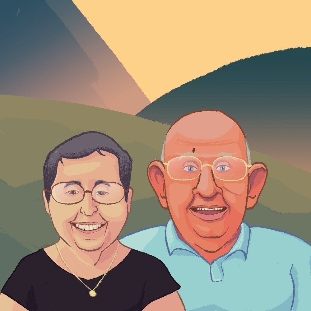 A digital illustration of two smiling people, a man and a woman, against a serene landscape background.