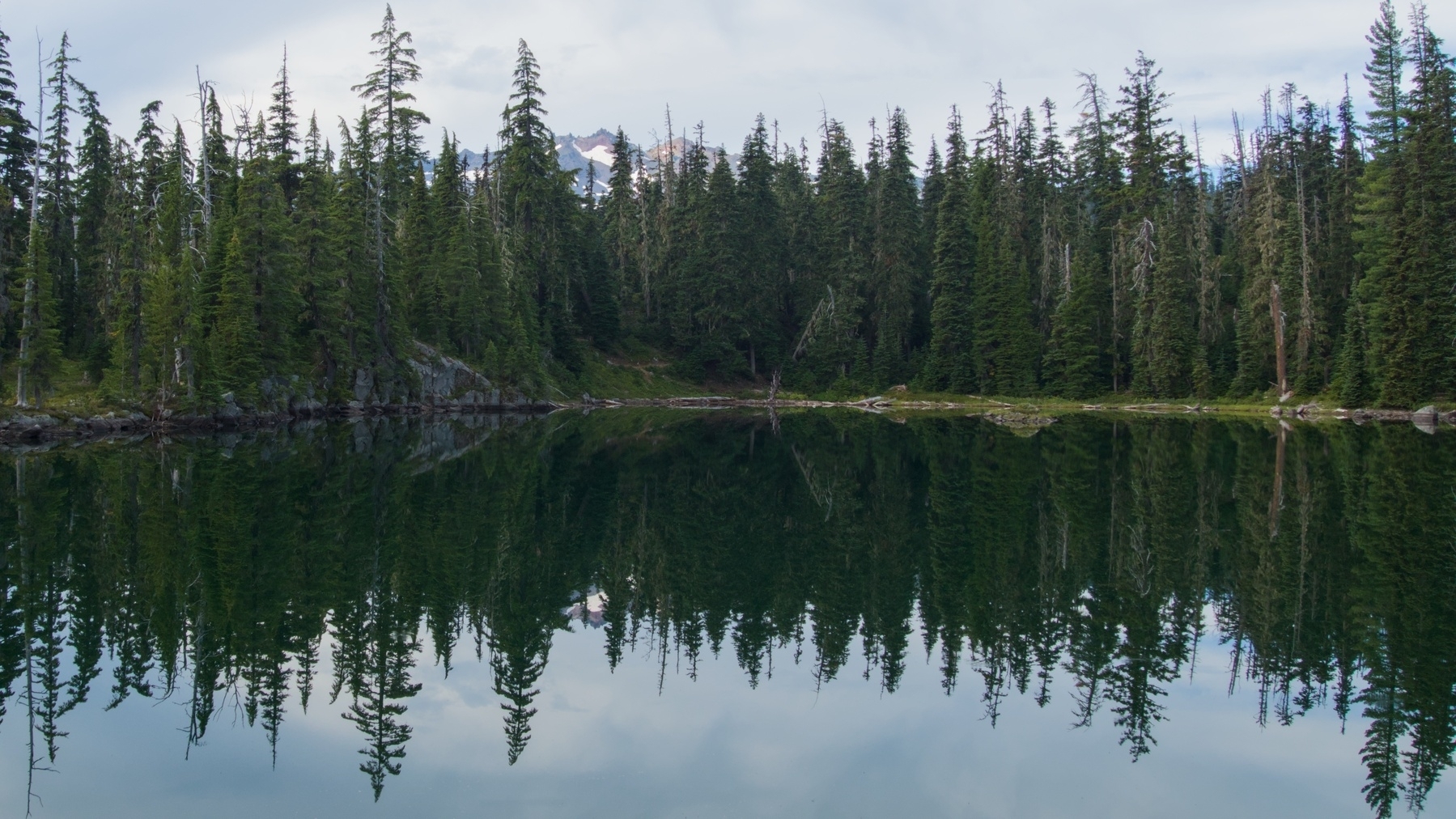 alpine lake reflecting a mountain