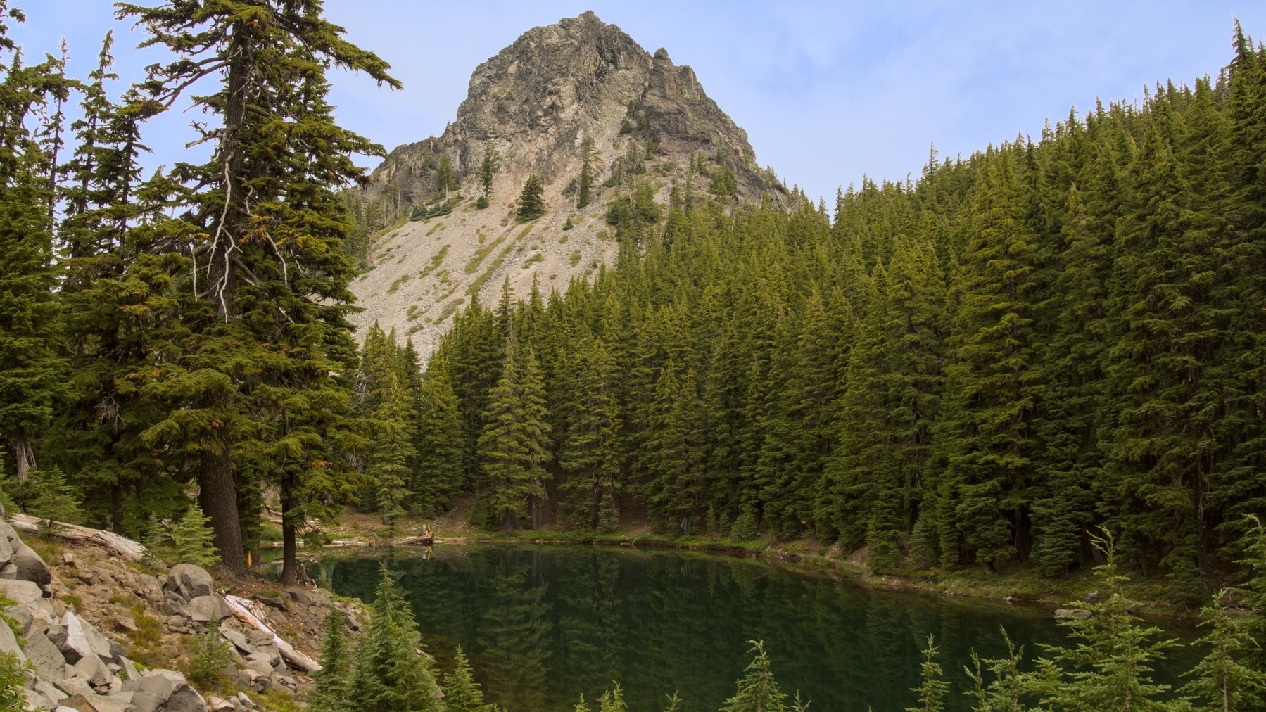 alpine lake in front of a mountain