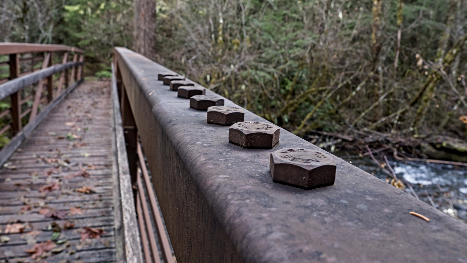 bolts holding a trail bridge together