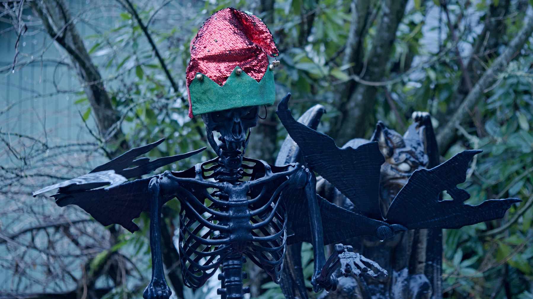 metal skeleton with a santa cap