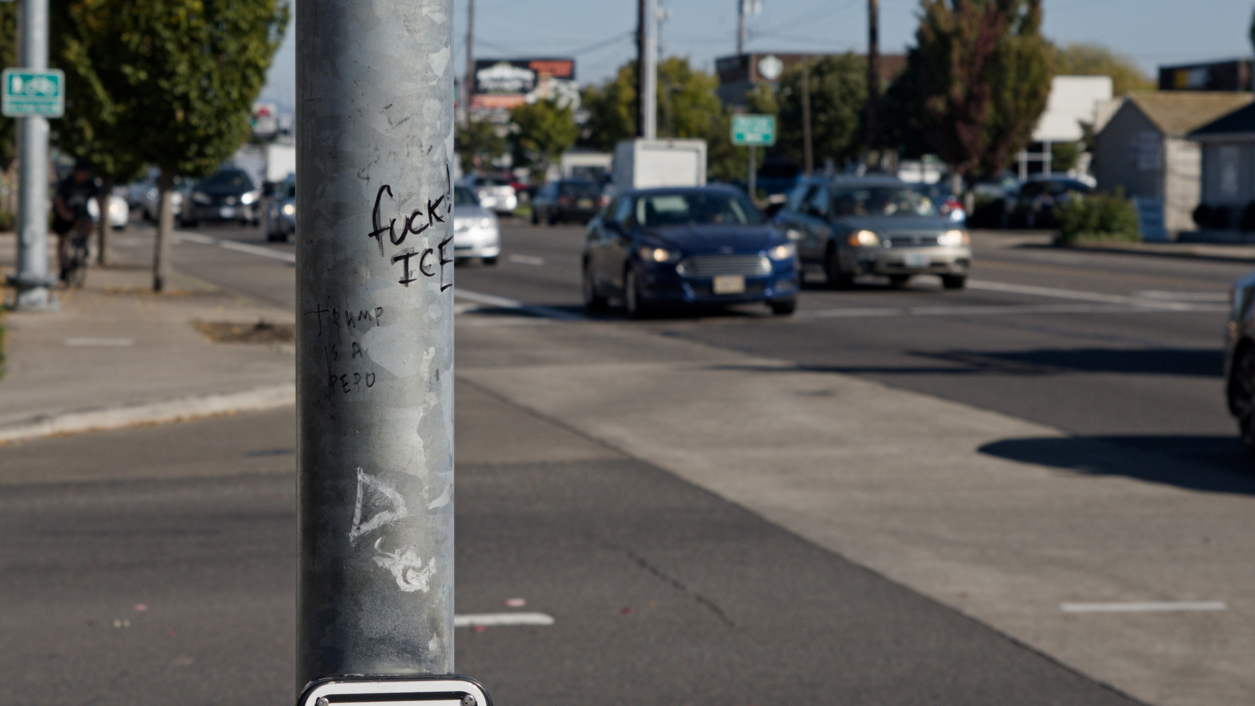 Lamp post with "Fuck ICE" and "Trump is a pedo" graffiti
