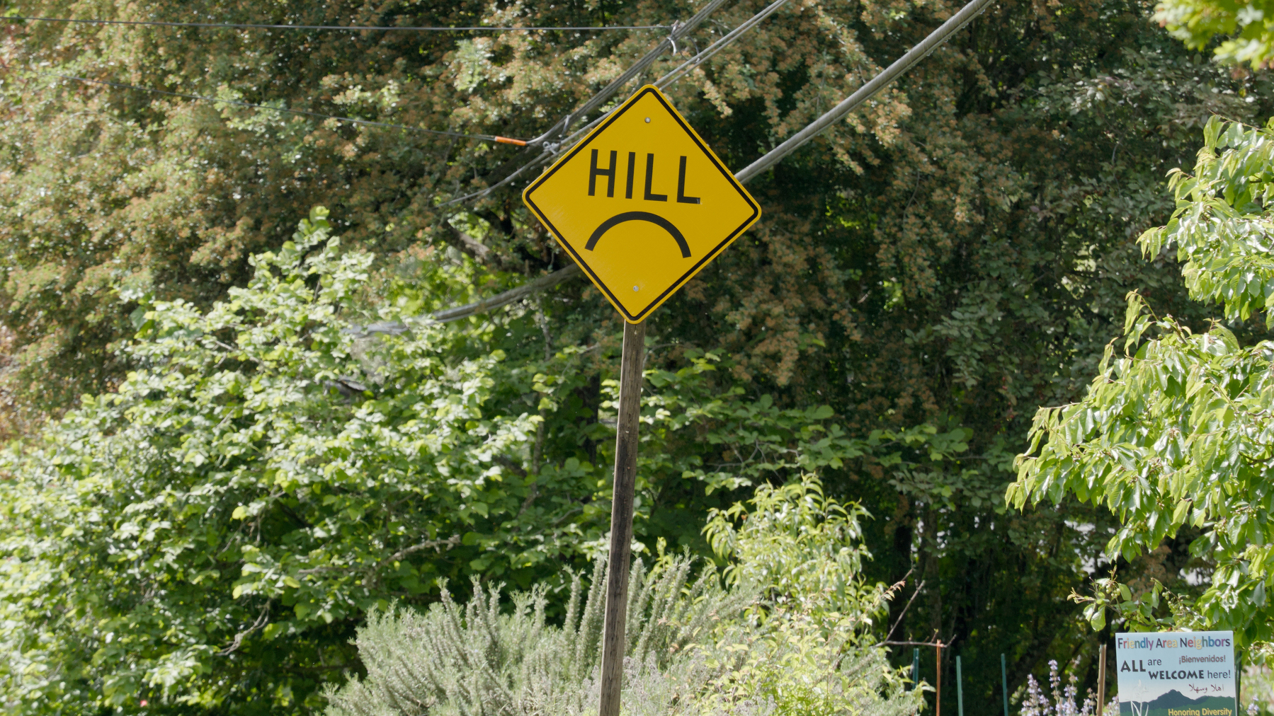 caution sign with what looks like a frown