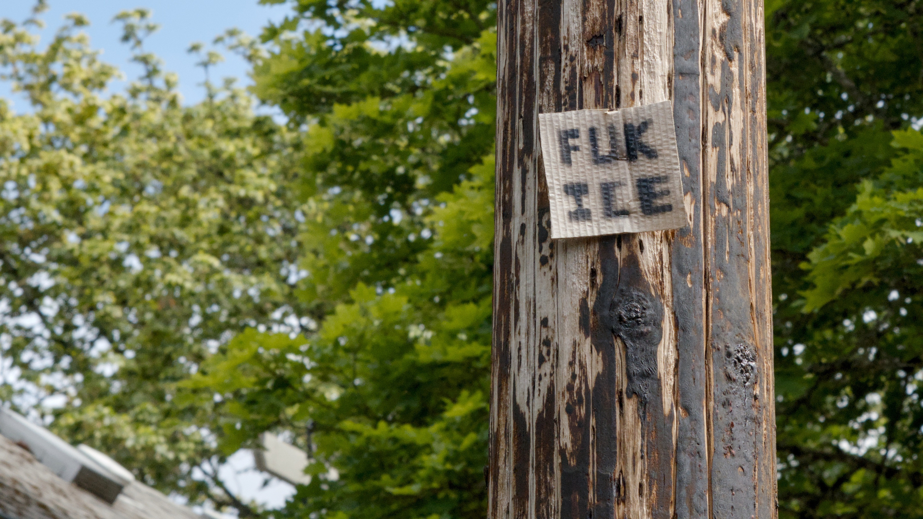 "FUK ICE" sign stapled to a telephone pole