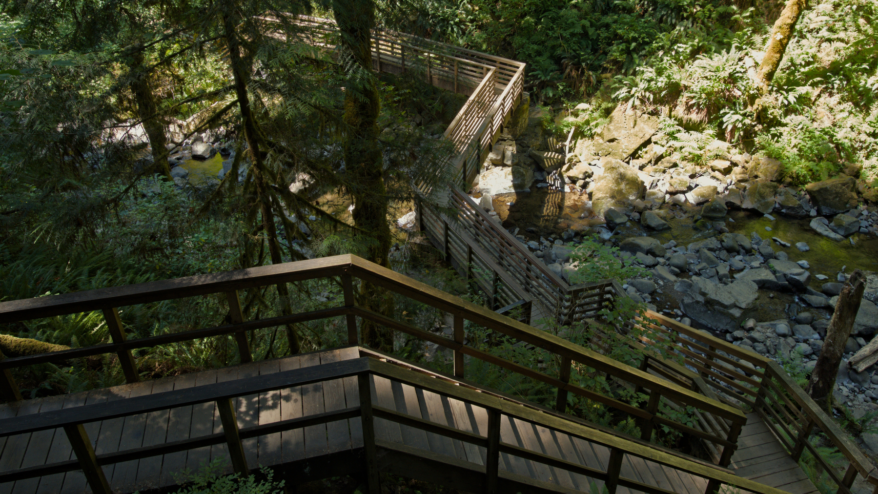 stairs, boardwalks, and bridge on the trail to majestic falls