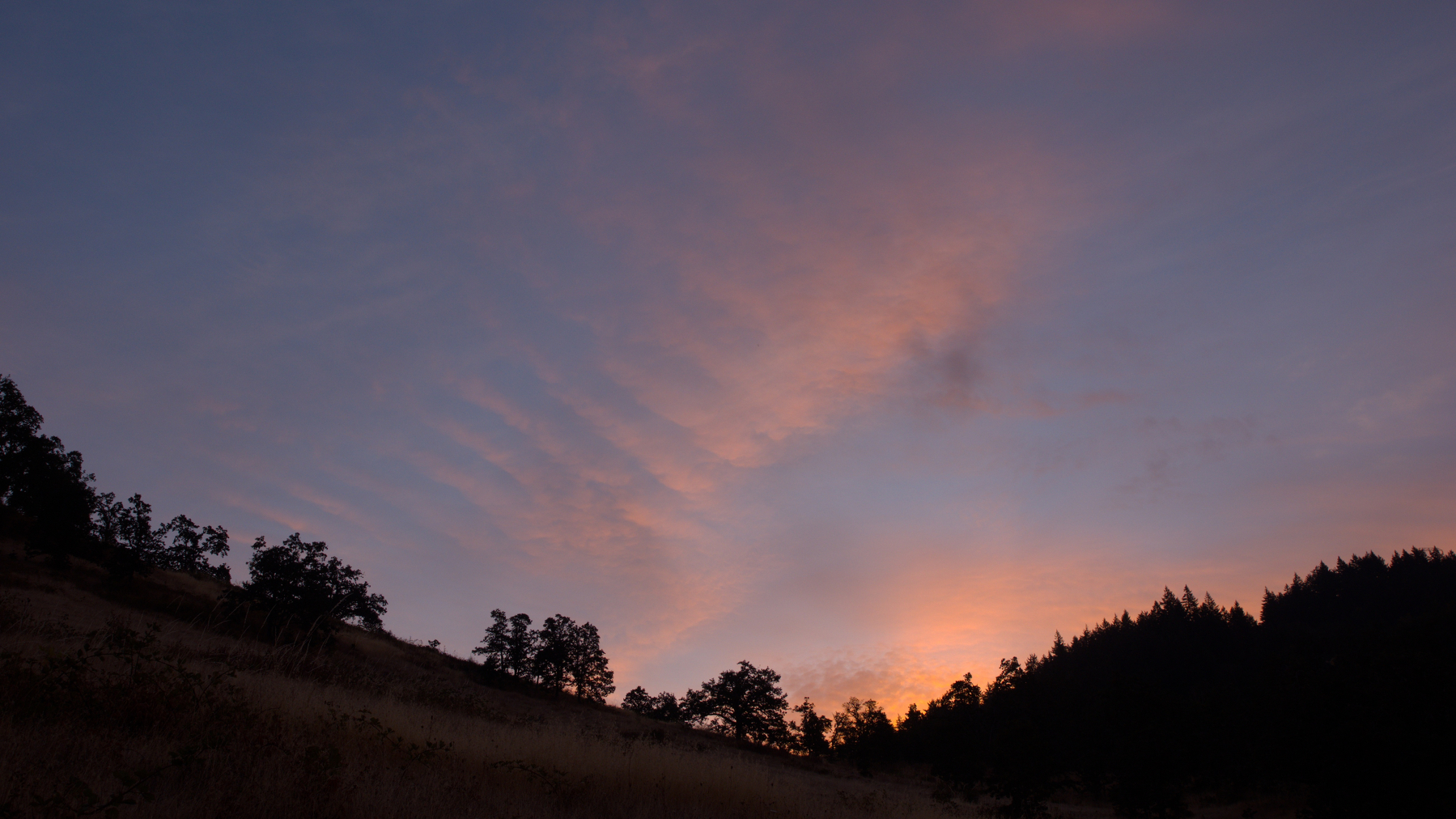 rippled clouds over a dark wooded ridgeline