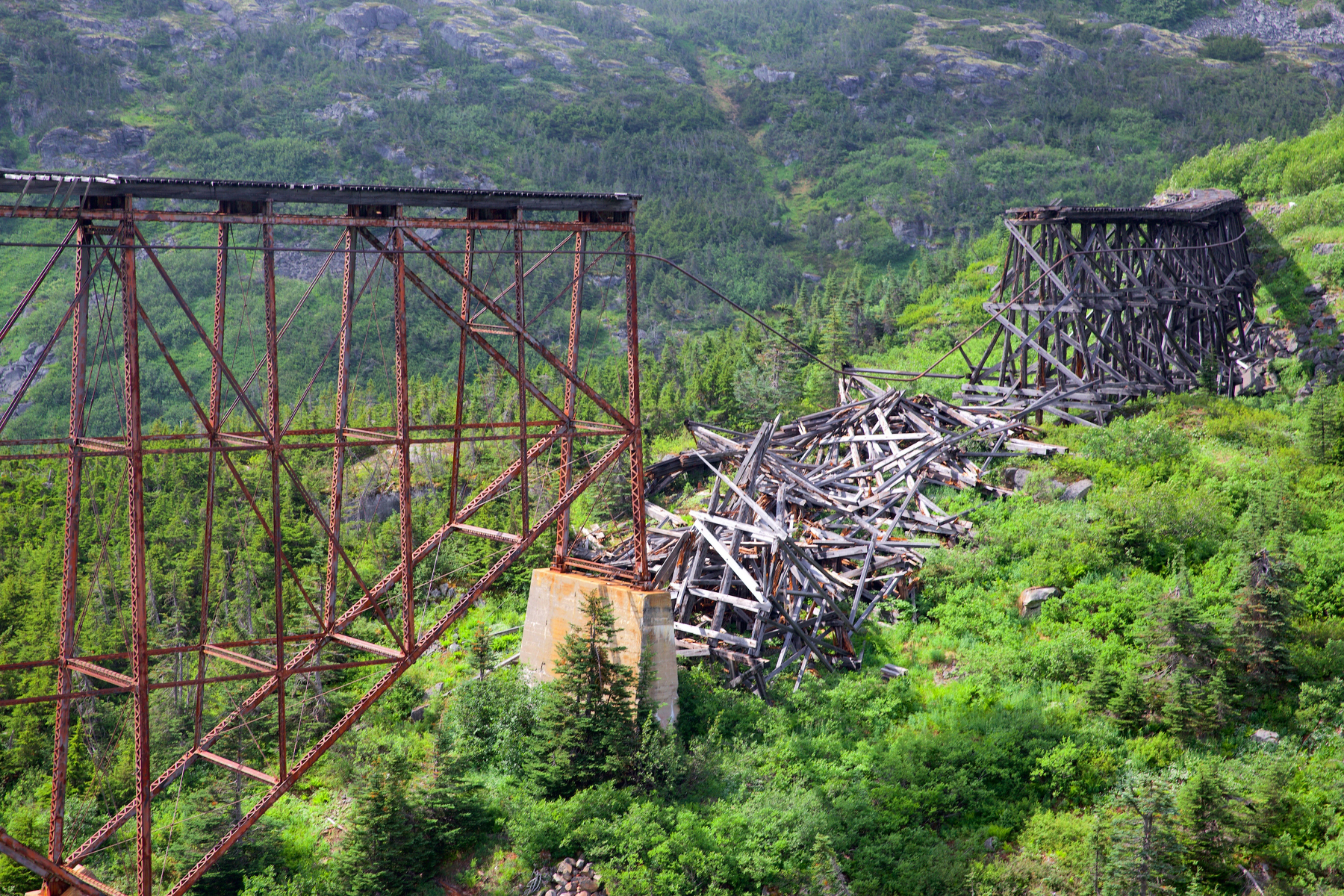 Auto-generated description: A partially collapsed, rusted trestle bridge spans a lush, green mountainous landscape.