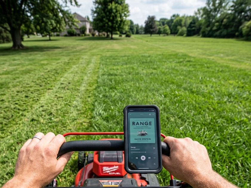 An AI-generated image showing a person mowing a large grassy lawn while listening to the audiobook, Range, on a smartphone.