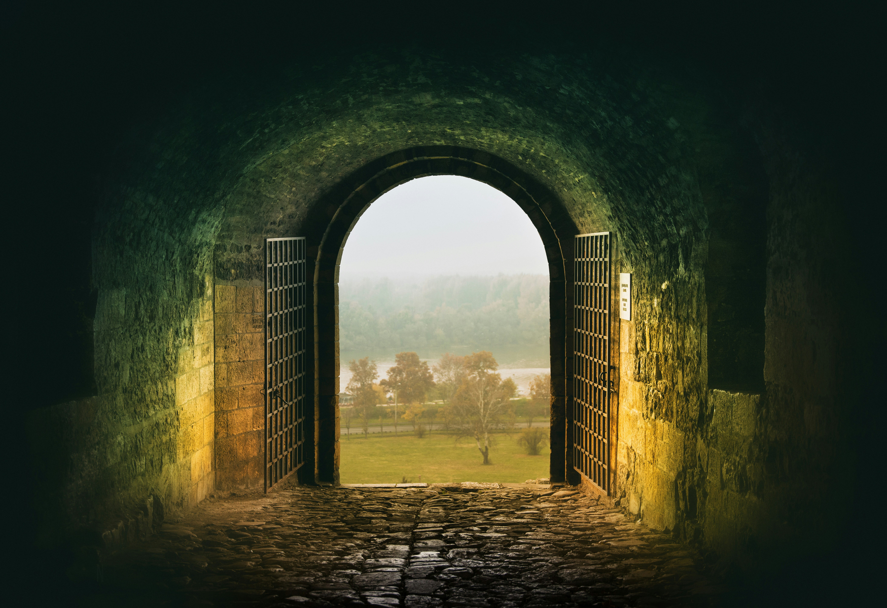 Auto-generated description: A stone tunnel with an arched gateway opens to a misty landscape with trees and a river in the distance.