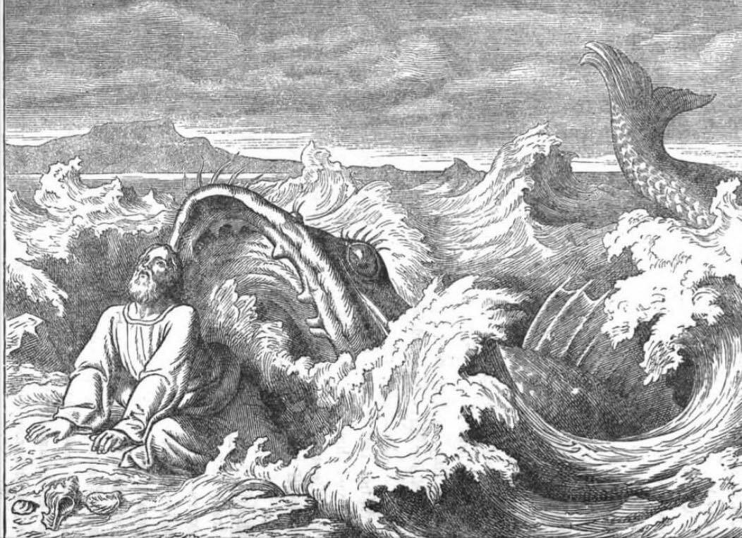 A bearded man is shown being spit out by a large sea creature into turbulent ocean waves.