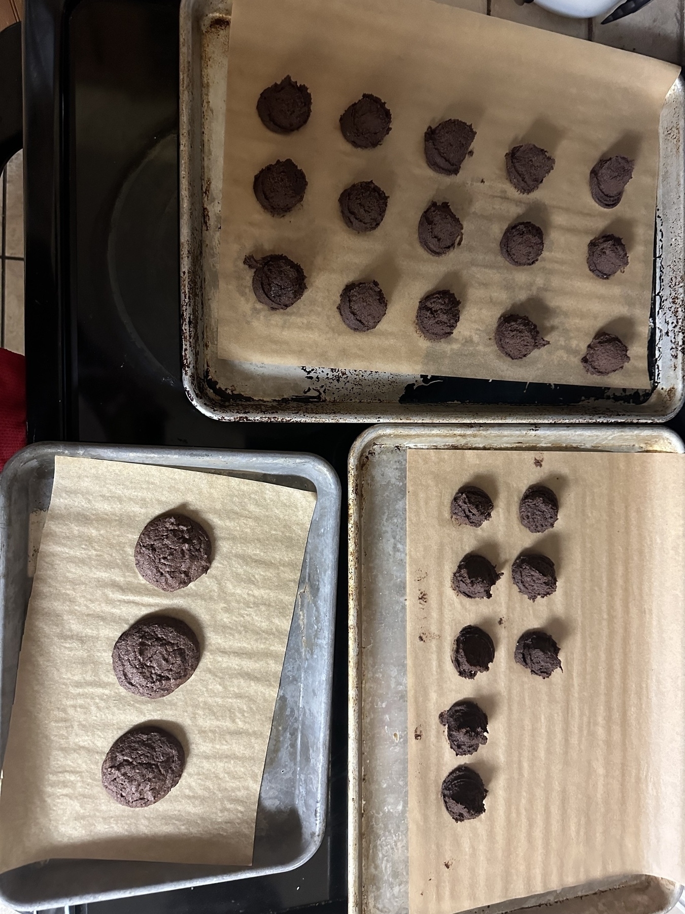 One small tray of cooked chocolate cookies and a larger tray and a half of uncooked cookies