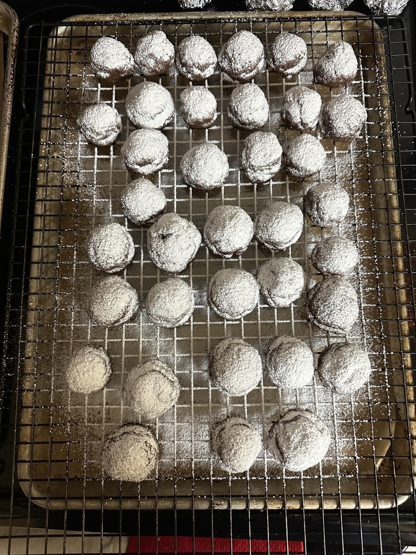 Tray of chocolate cookies dusted with confectioners sugar such that they look like snow-covered hills. 