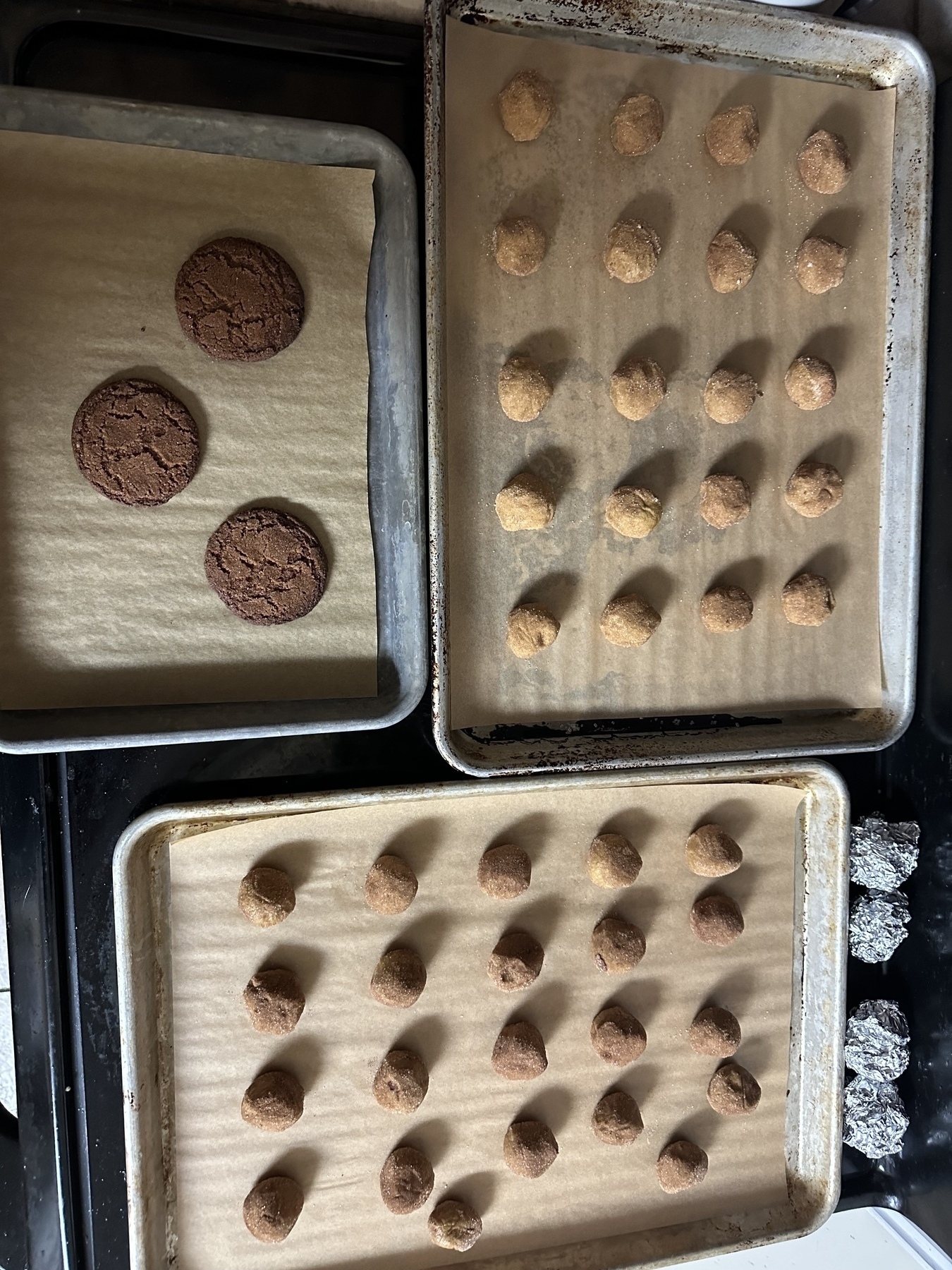One small tray of ginger snap cookies and two larger trays of uncooked dough ready for the freezer