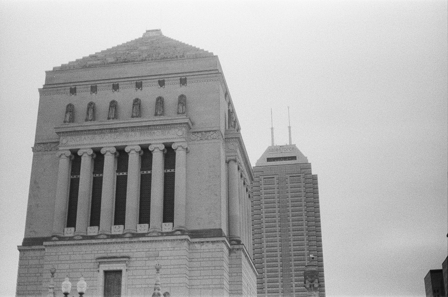 The Indiana War Memorial and the Salesforce Tower in downtown Indianapolis. 