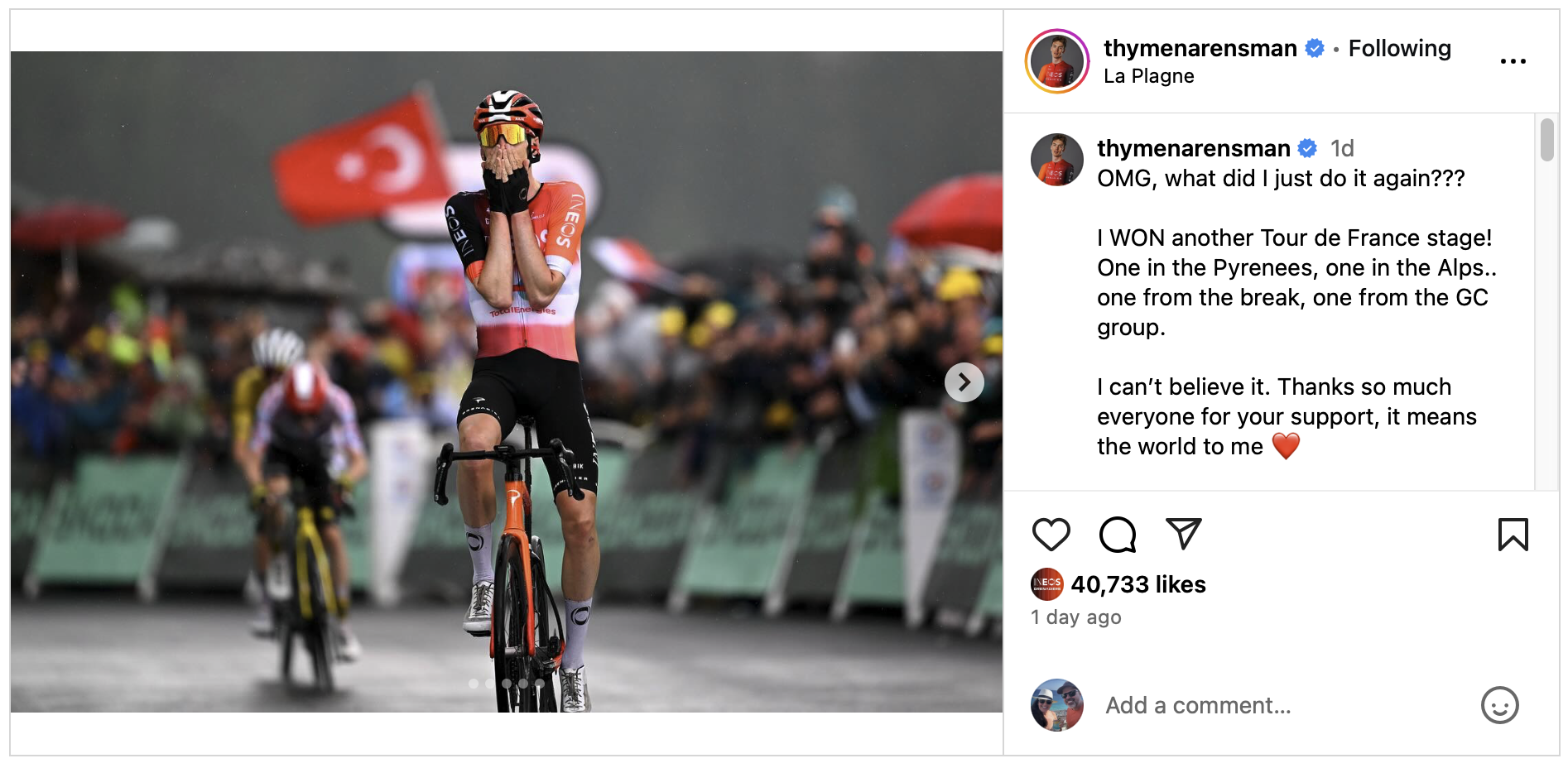 Thymen Arensman Instagram post