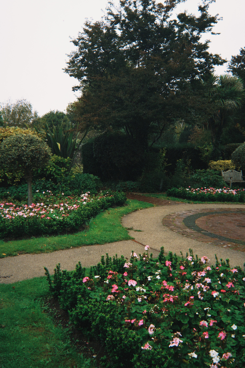 A winding path leads through a garden filled with blooming flowers and neatly trimmed bushes.