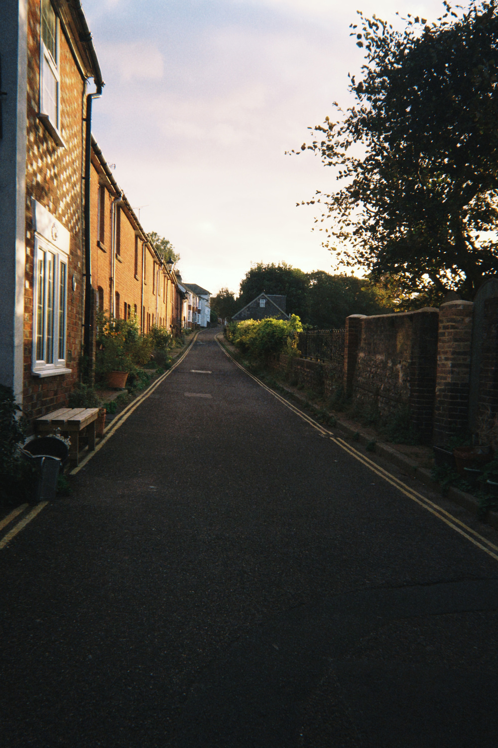 A narrow road lined with brick houses and greenery stretches into the distance under a soft, early evening sky.