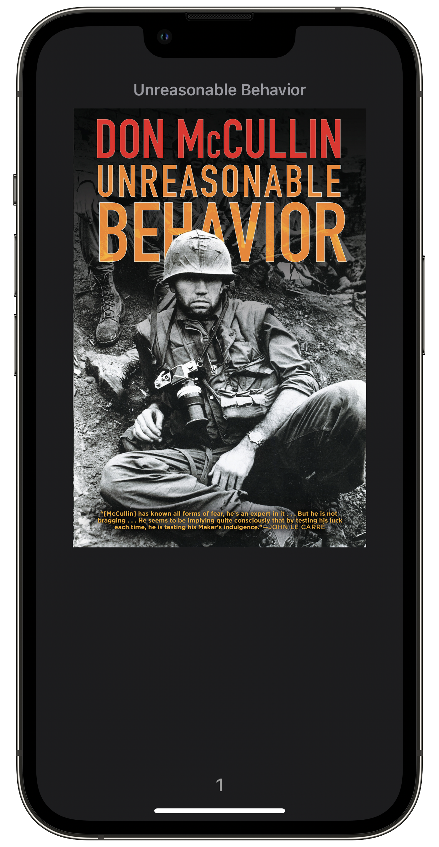 Mock-up of an iPhone, with Book.app open and a copy of Don McCullin’s autobiography “Unreasonable Behavior“. 