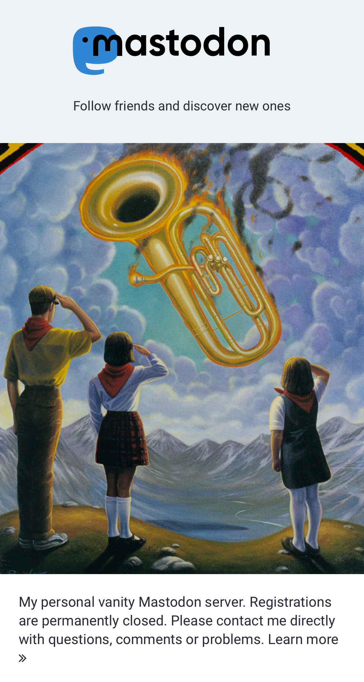 screenshot of a mastodon instance, with a drawing in vintage communist style of three kids saluting a trombone(?)