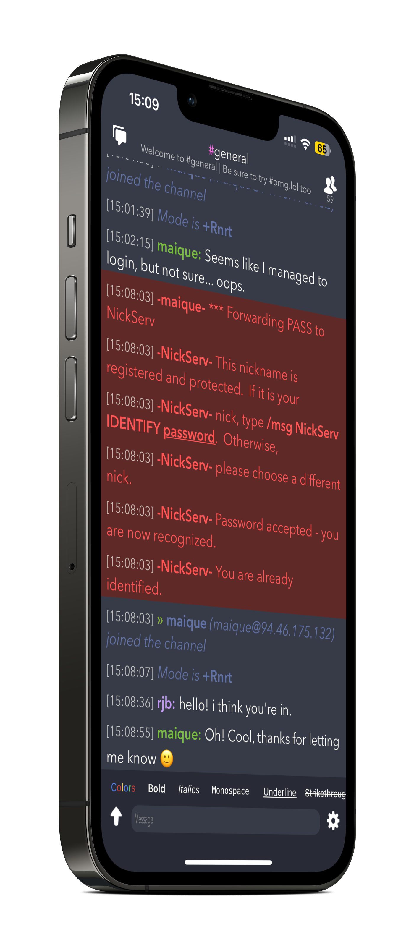 Mock-up of an iPhone with an IRC client running. 