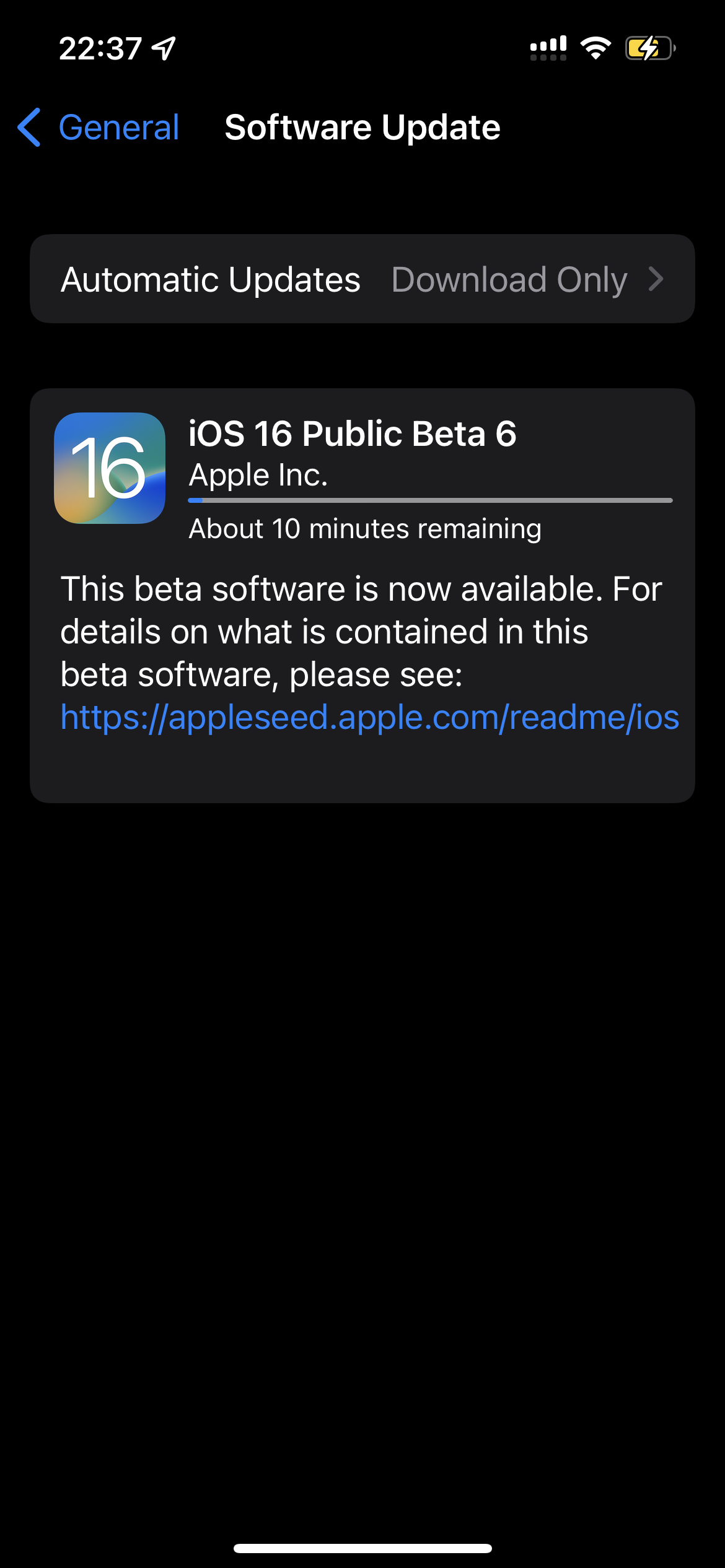 screenshot showing an iPhone installing the beta of iOS 16
