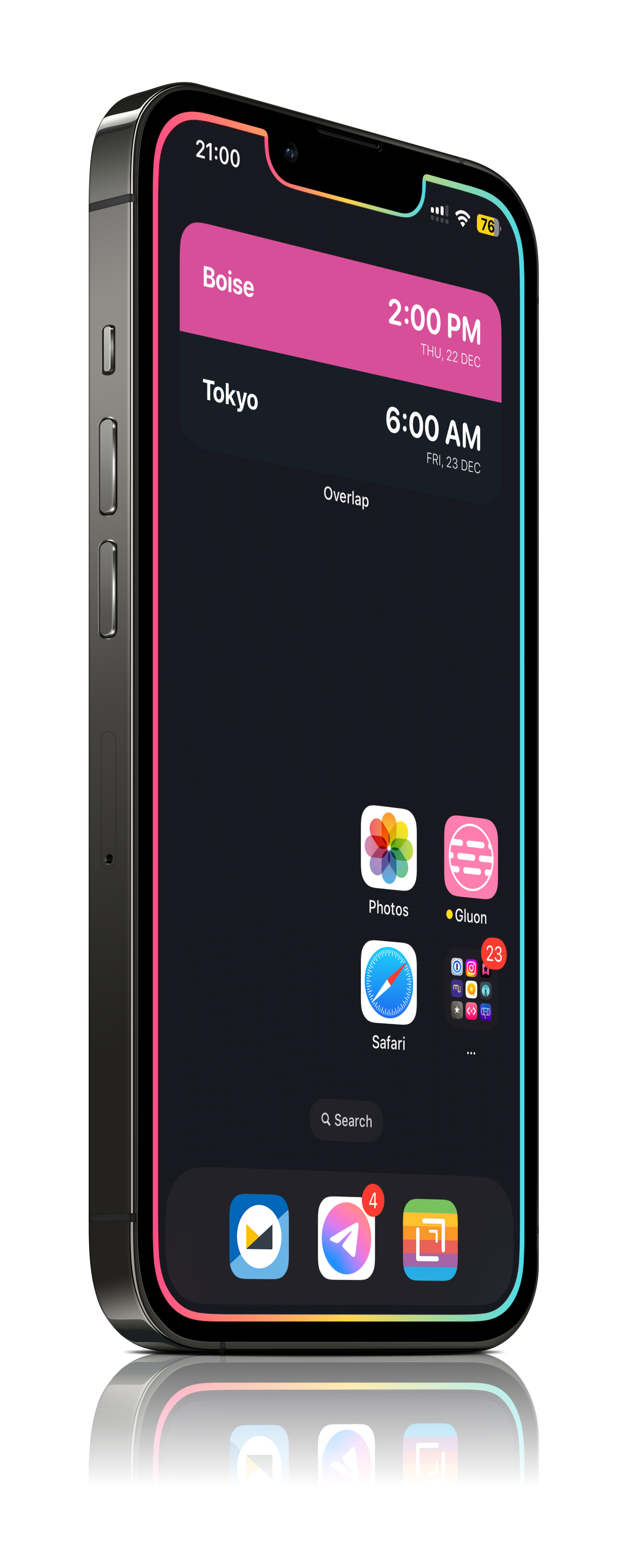 Mock-up of an iPhone, with the homescreen on display. 