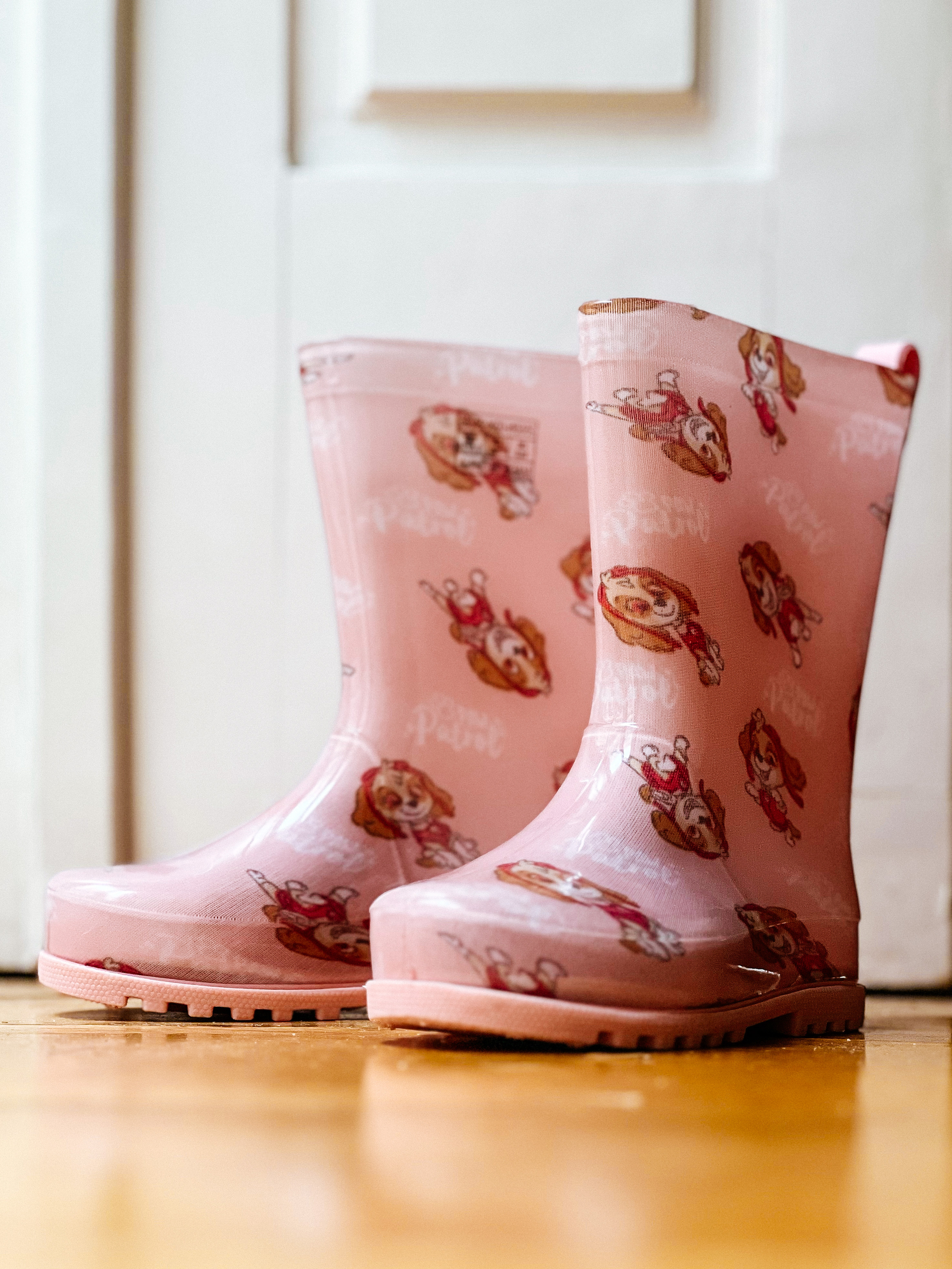 pink rain boots, with Skye from Paw Patrol printed on them