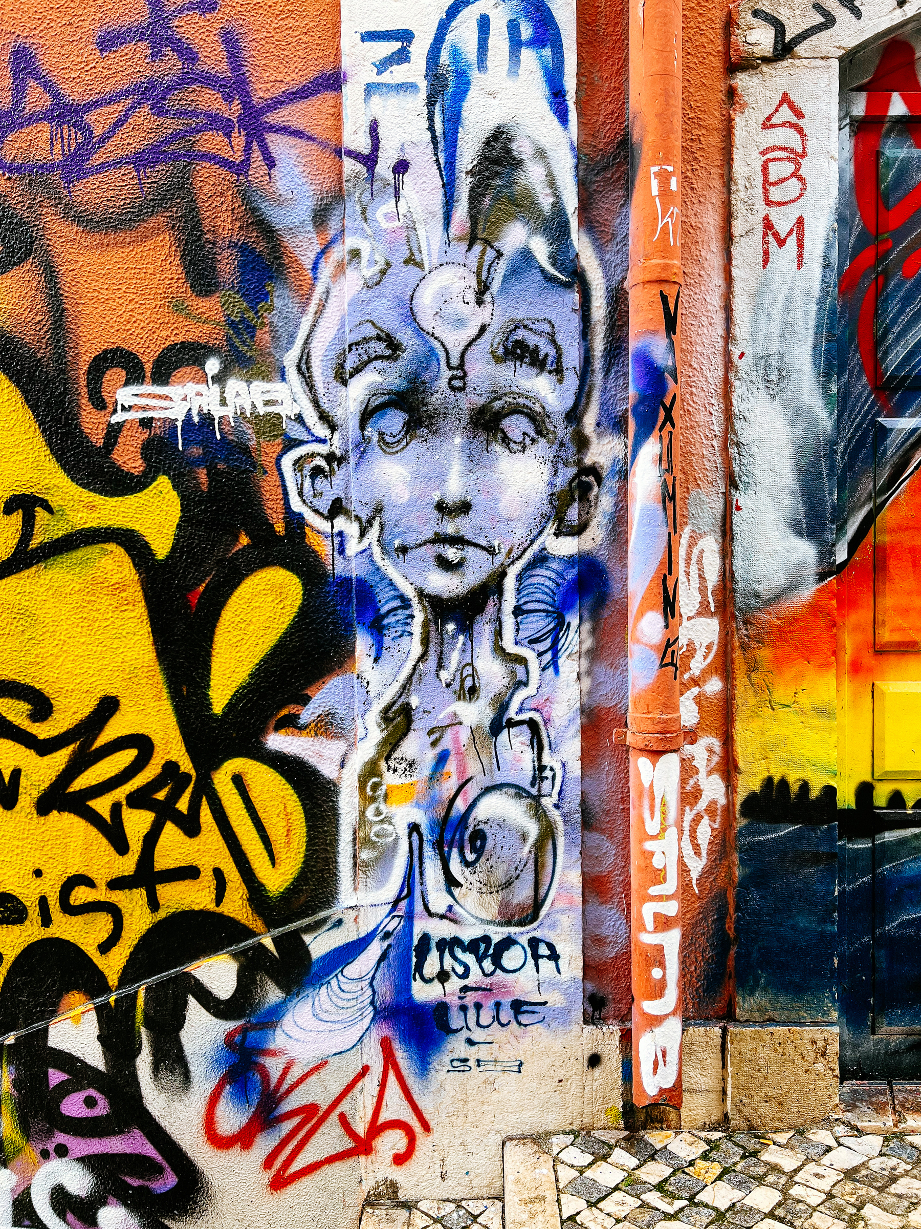 Graffiti, a strange looking alien painted on a wall