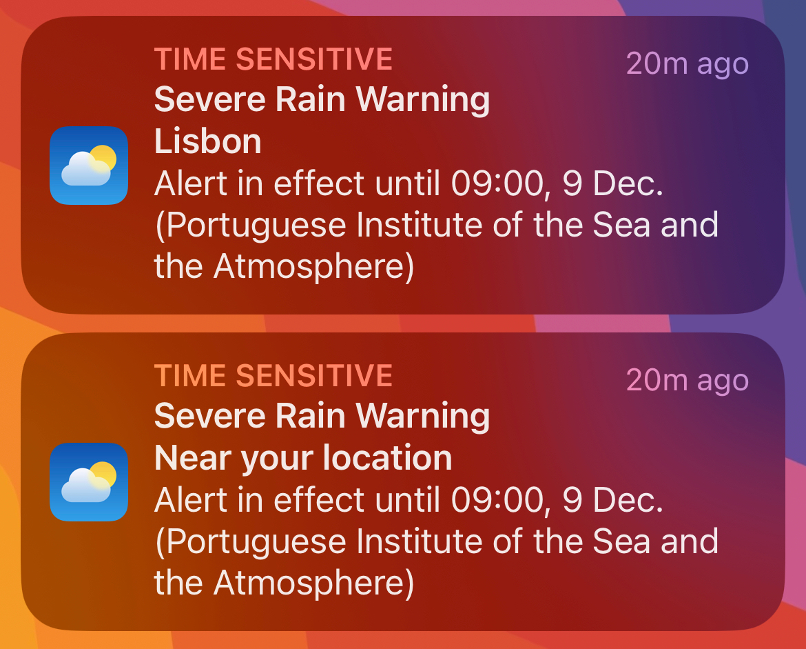 Screenshot of weather widgets with severe rain warnings. 