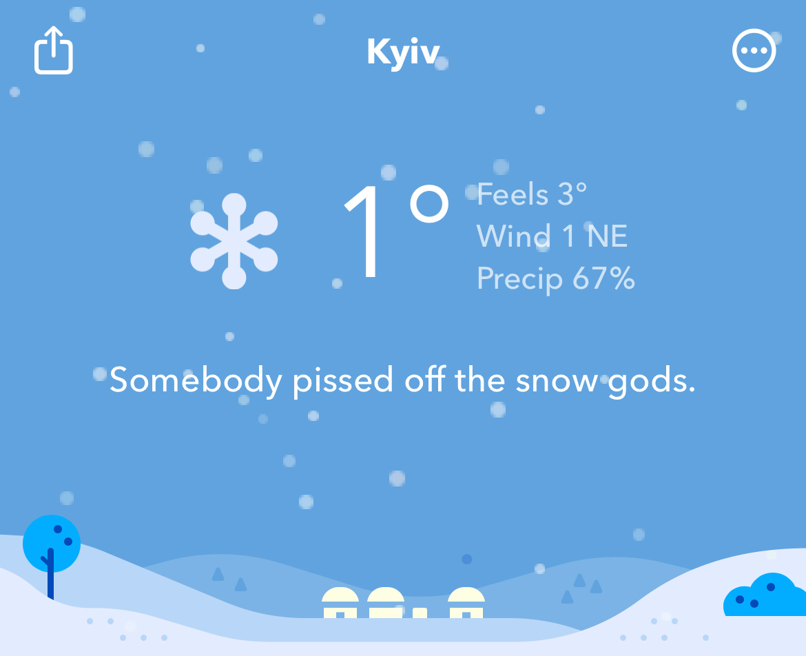 screenshot of a weather app with forecast for Kyiv. It’s snowing.
