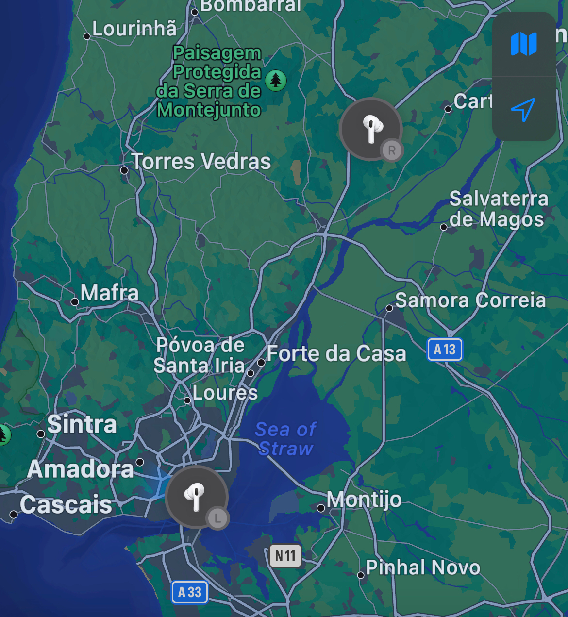 Screenshot of Apple Maps, showing a pair of AirPods. They are not a the same location. 