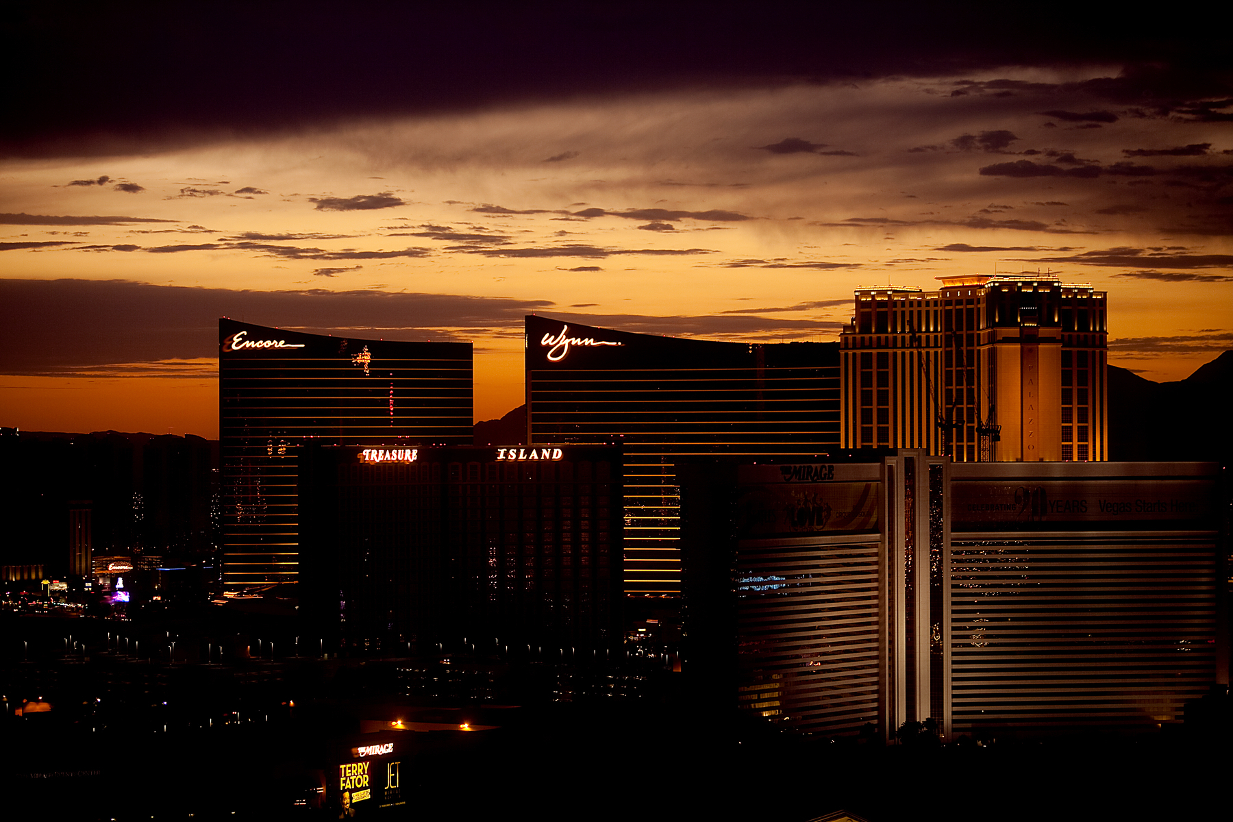 Las Vegas skyline, a little after sunset. Illuminated casinos and sky. 